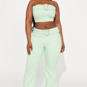 Fashion Nova Light Green Strapless Belted Jumpsuit